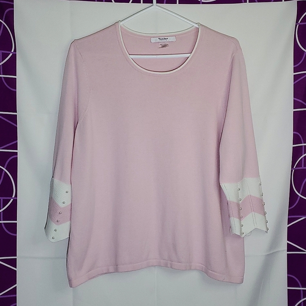 TanJay Petite Pink and White Knit 3/4 Sleeve Shirt - Large
